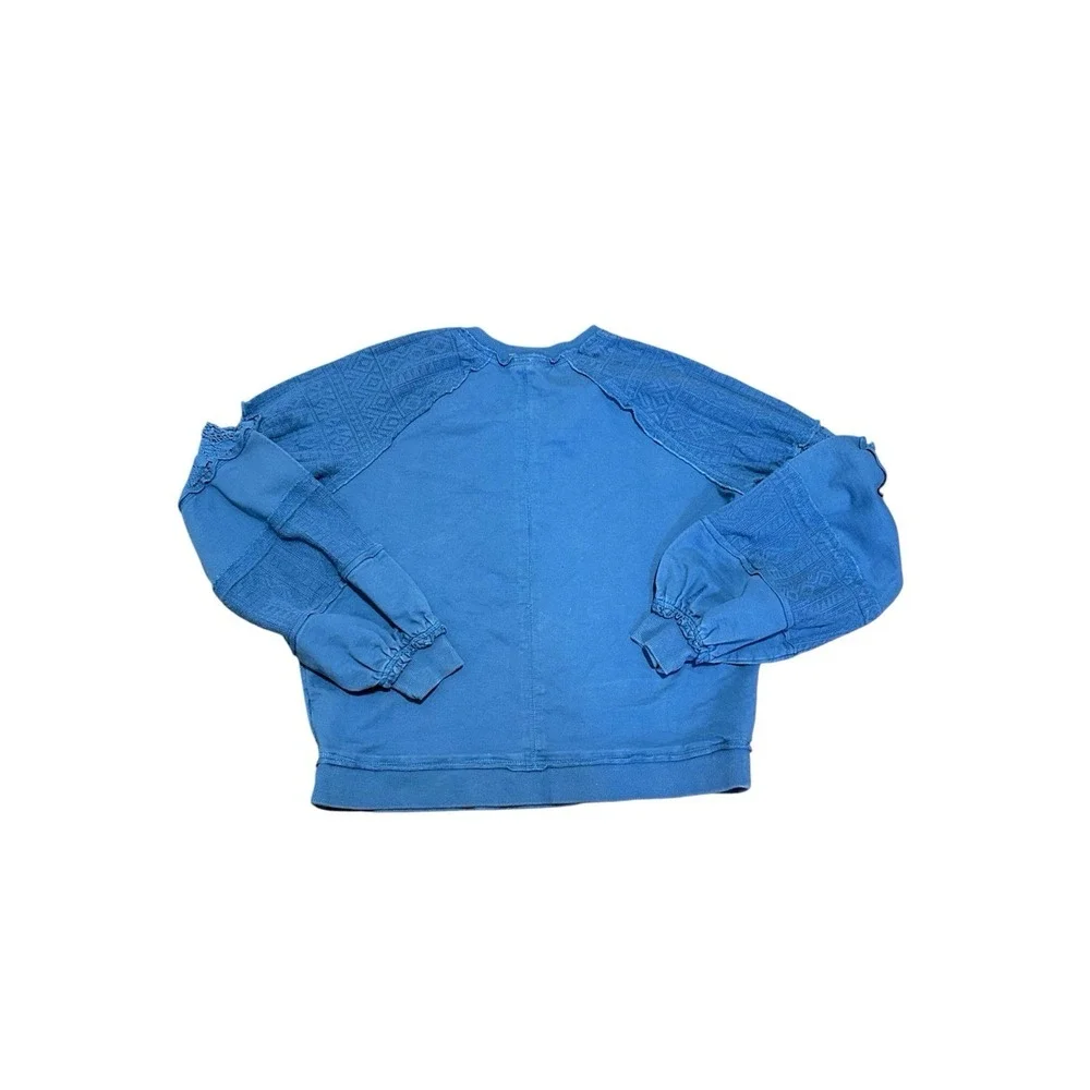By Anthropologie Lace Balloon Sleeve Top Blue Cotton Sweatshirt  S Boho Romantic